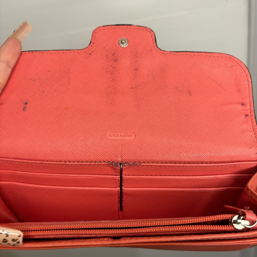Coach Top Stitched Bifold Wallet Womens Leather Peach Coral Snap - Picture 3 of 6